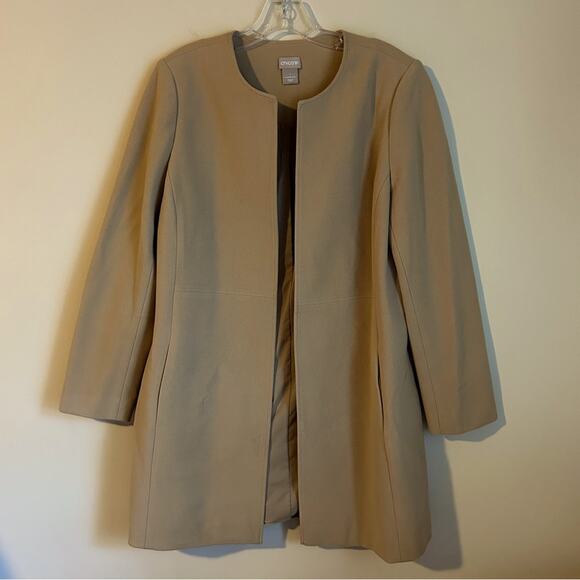 Chico’s Camel Tan Collarless Long Sleeve Pockets Duster Jacket Size 1/Medium - Picture 1 of 11